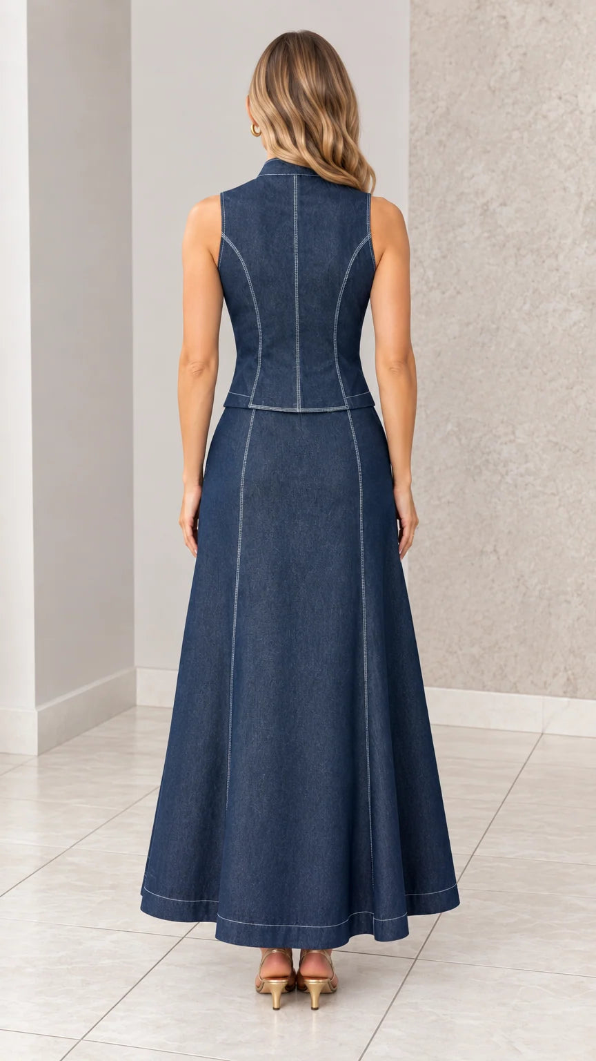 Back full-length view of dark blue tailored vest and maxi skirt set showing contrast seams