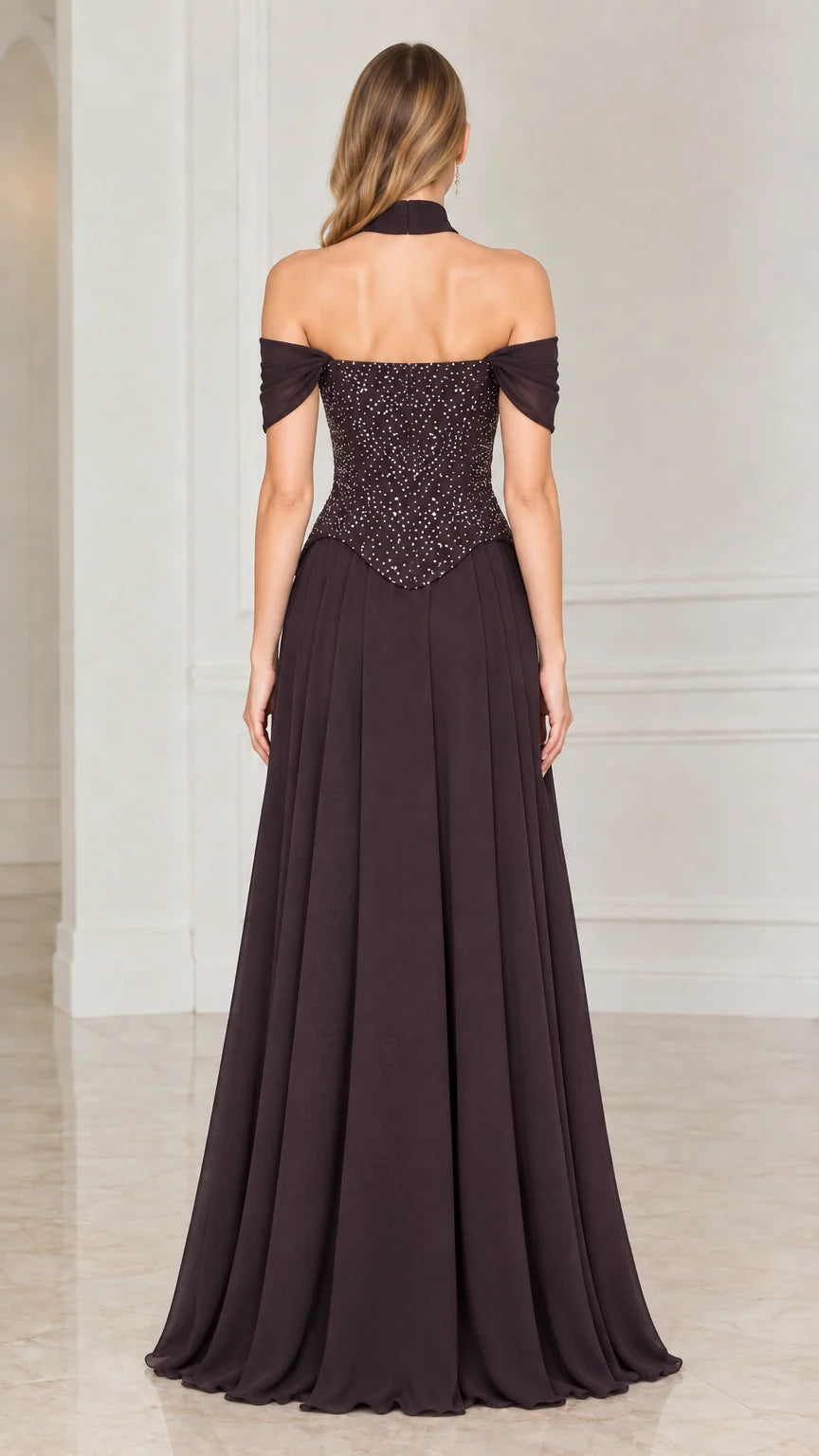 Back view of plum off-the-shoulder formal maxi dress showing beaded bodice and pleated skirt