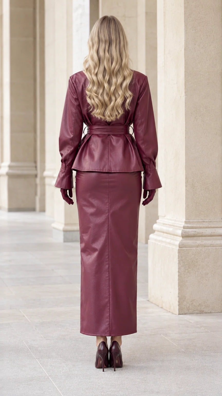 Back view of model wearing Burgundy faux leather belted jacket and straight maxi skirt