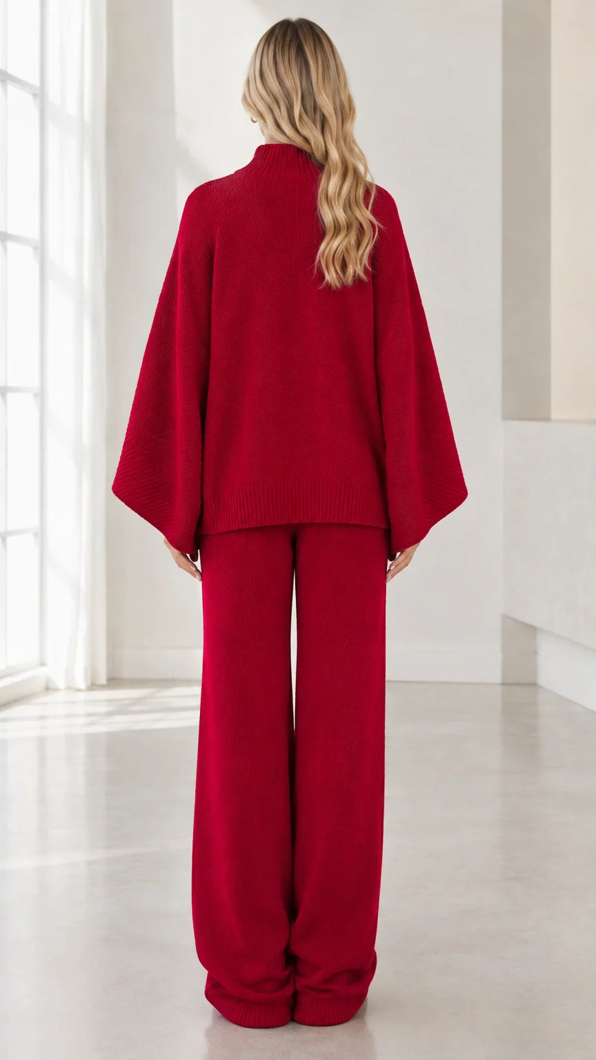 Back view of woman wearing Red knit two-piece wide-leg pants set