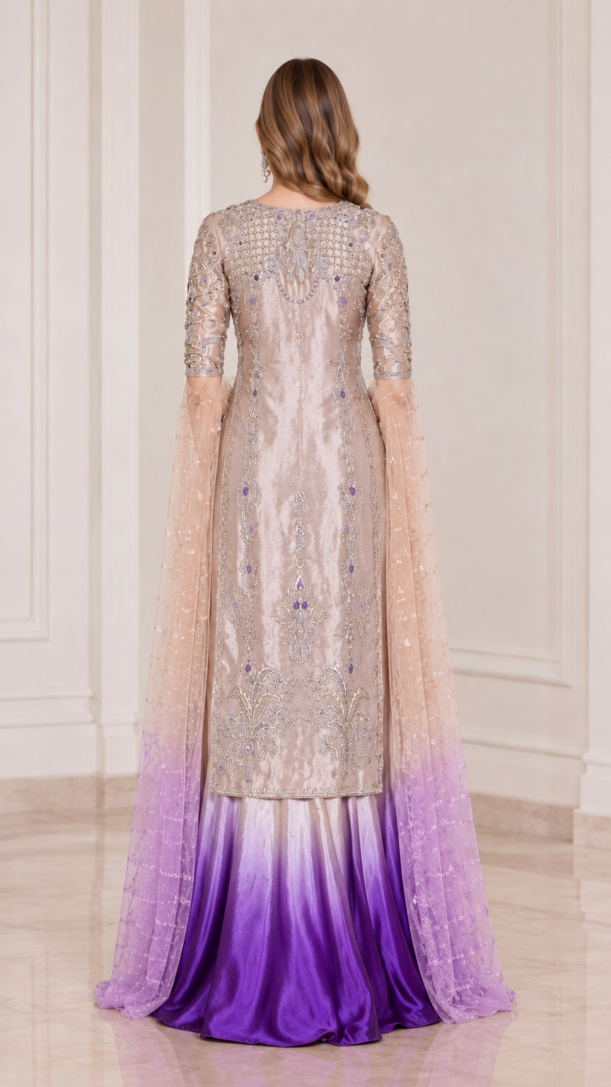 Back view of champagne and purple embroidered tunic and maxi skirt ensemble
