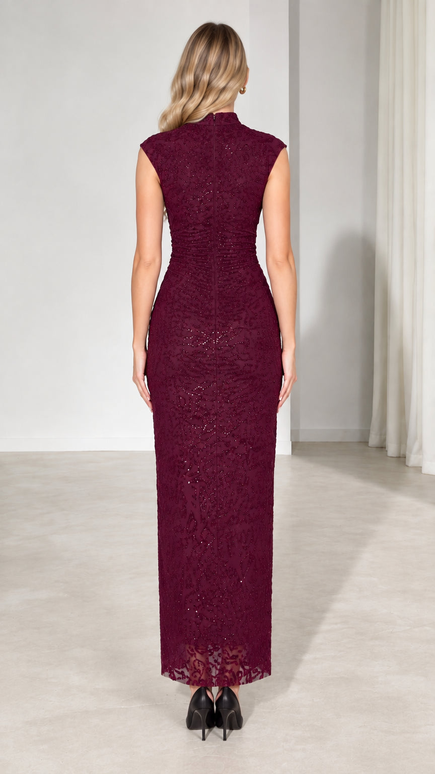Back view of burgundy cap sleeve lace evening dress