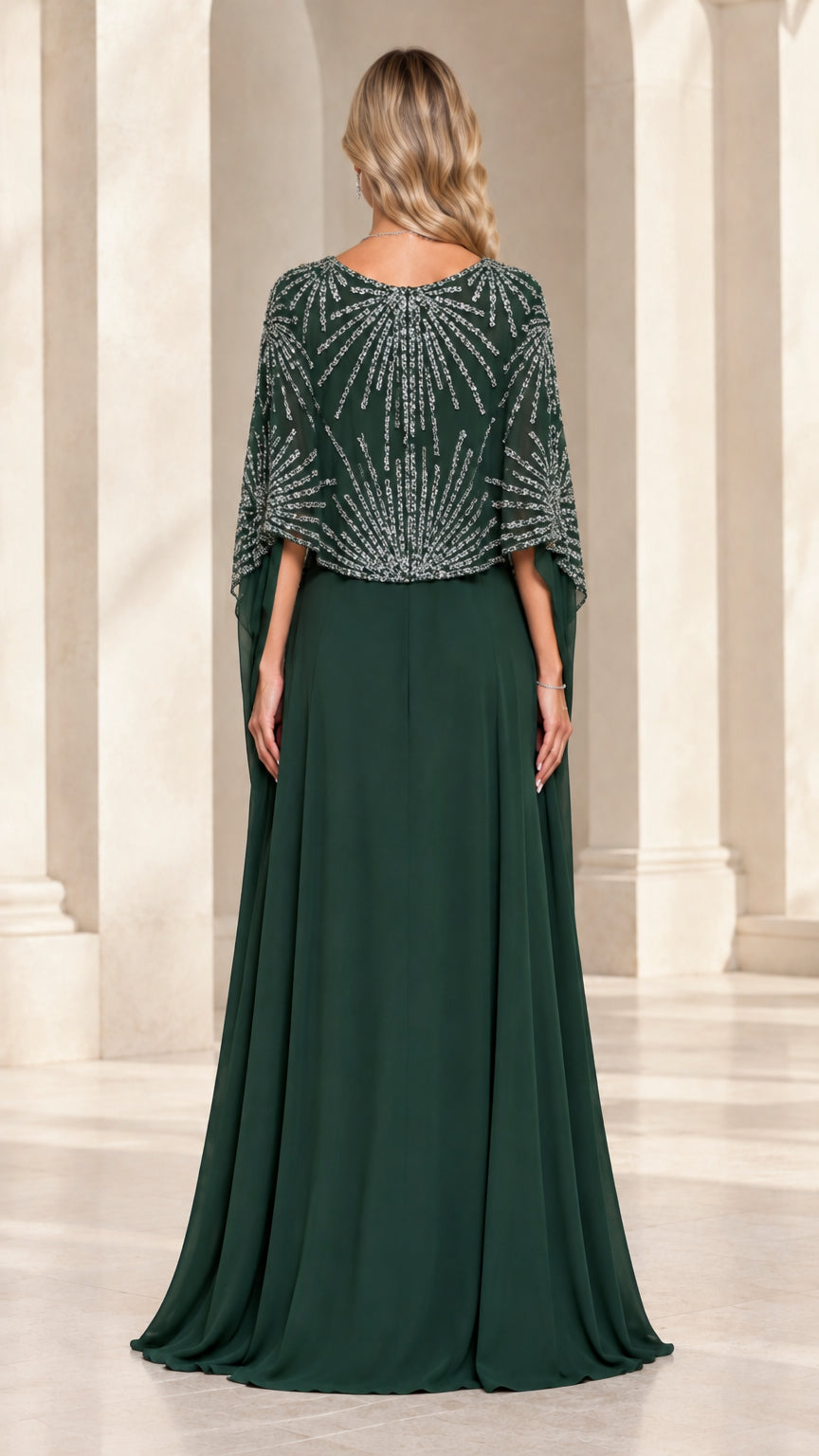 Emerald green capelet evening gown back view showing shimmering details
