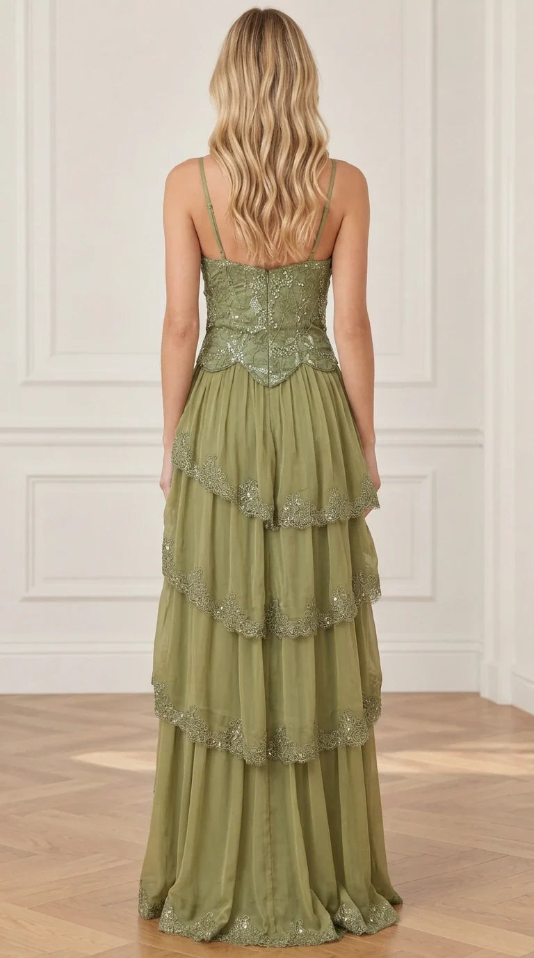 Back view of olive green floor-length formal gown