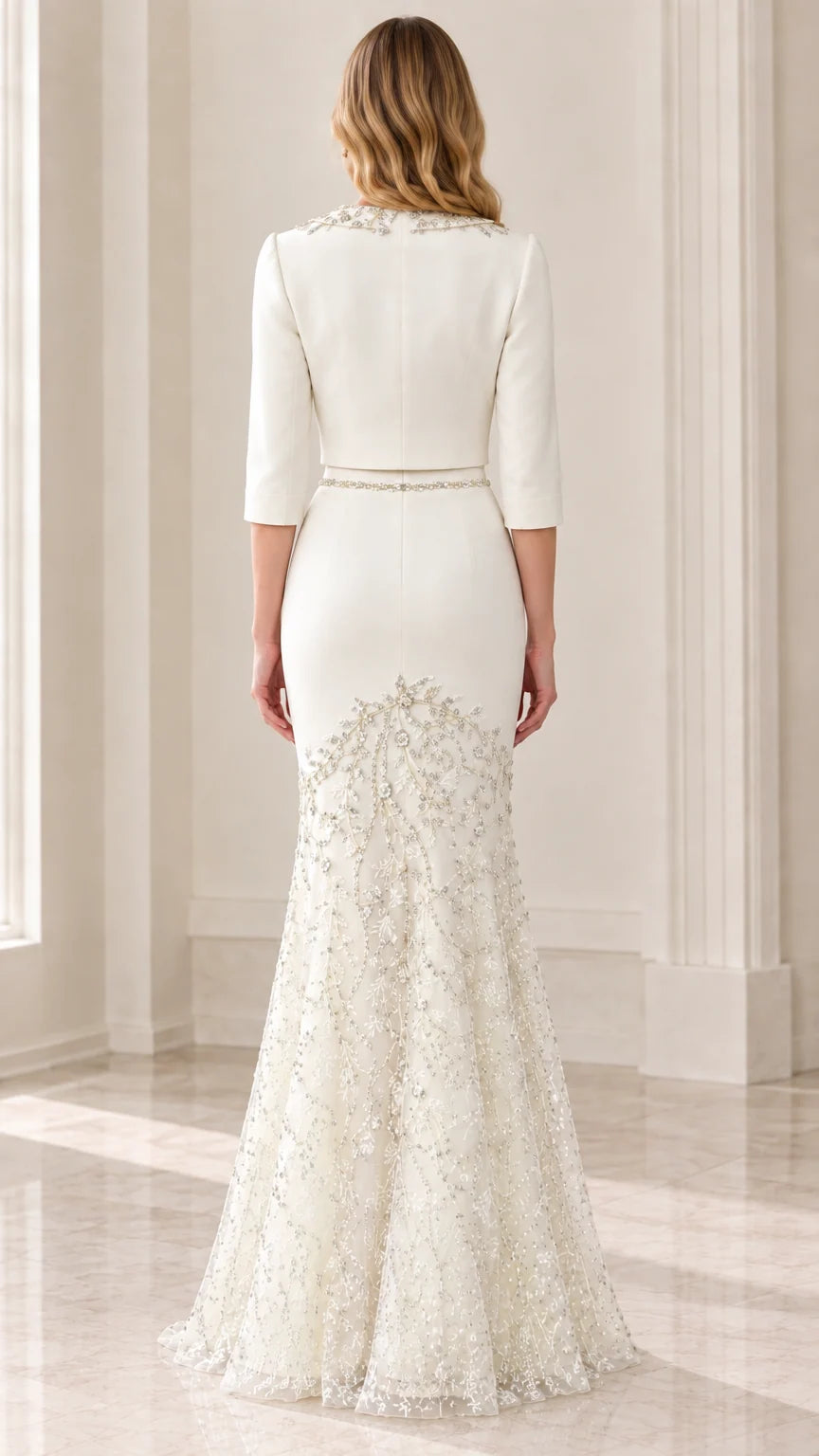 Back view of model in Ivory tailored 3/4 sleeve mermaid evening gown