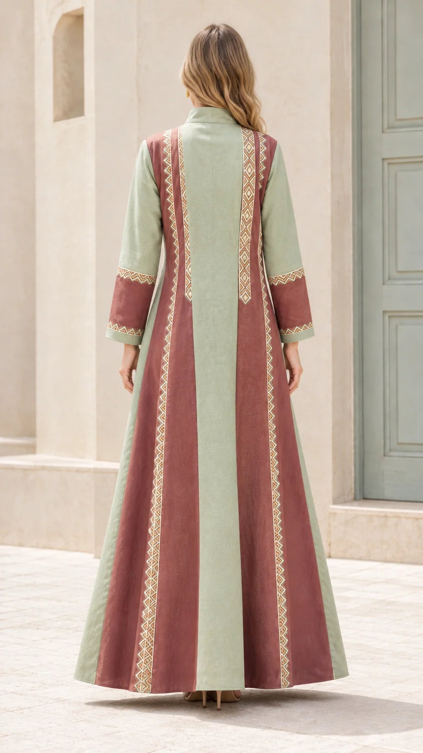 Back view of sage green and terracotta paneled maxi abaya coat set