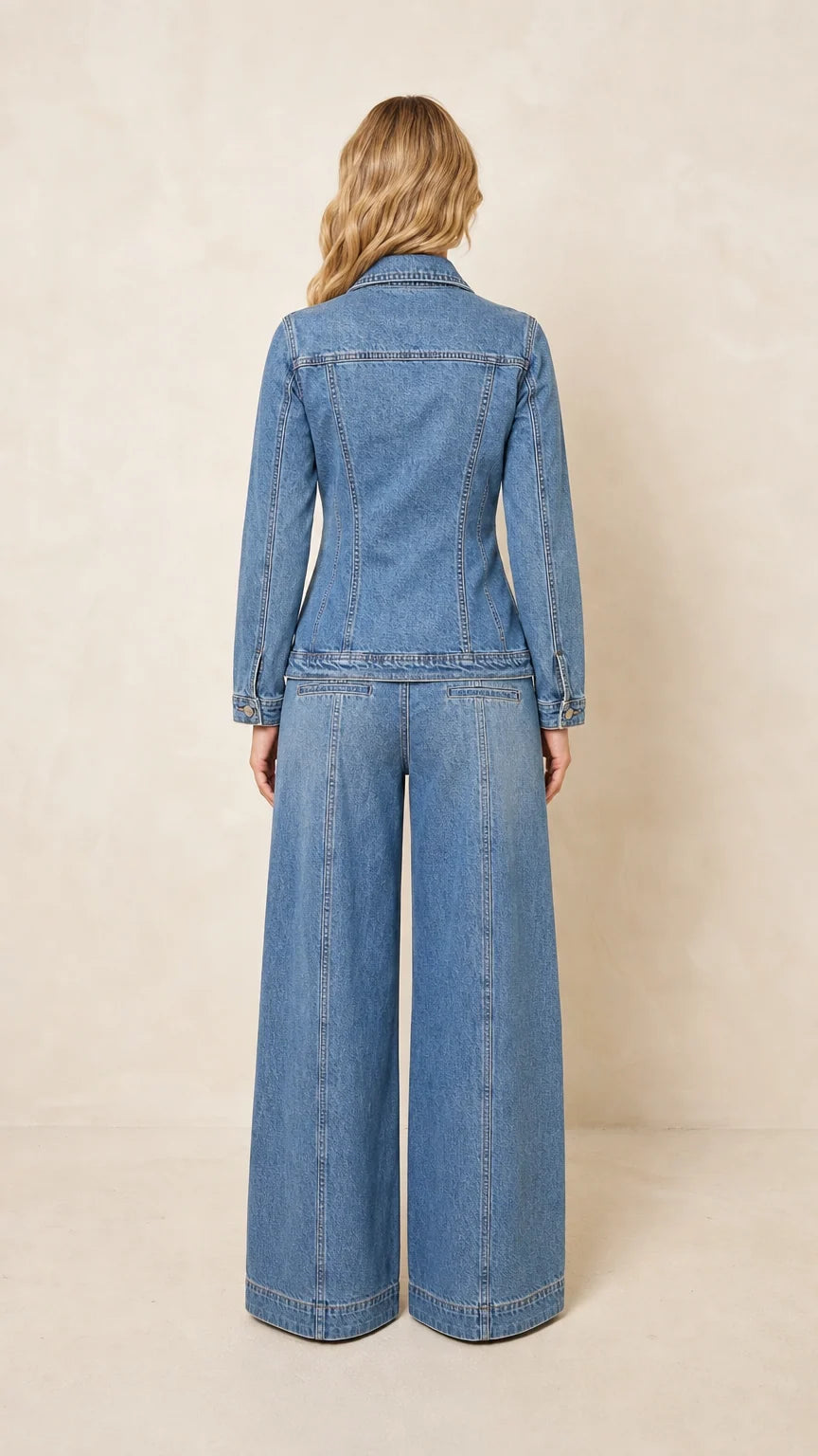 Back view of the medium wash blue matching denim-style jacket and pants set
