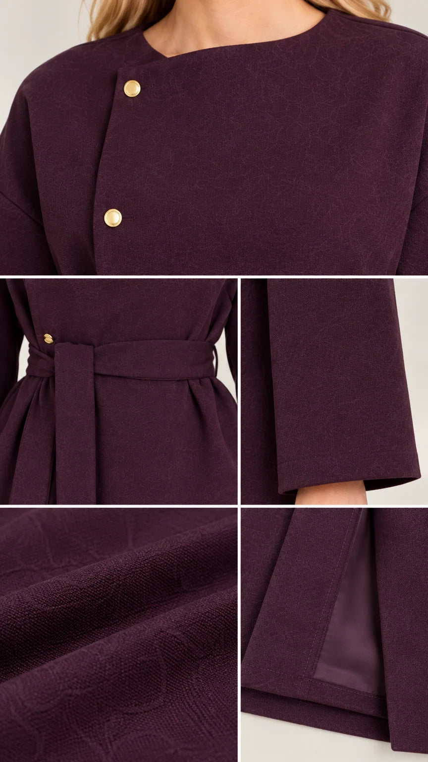 Close-up details of gold-tone buttons, fabric weave, belt, and hem stitching on deep plum set