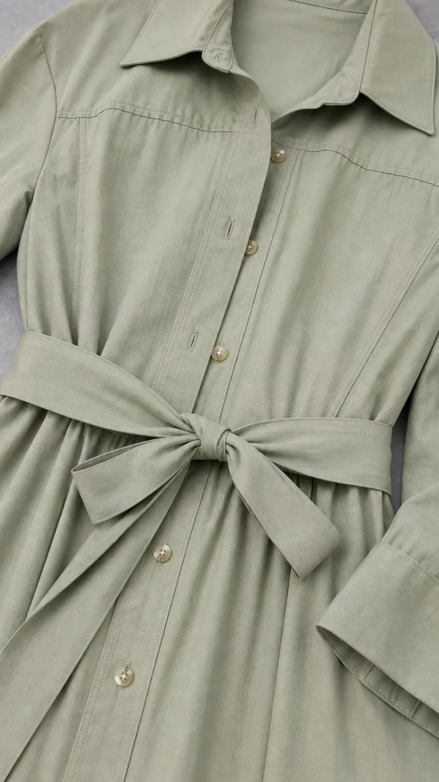 Close-up detail of Sage Green shirt dress showing collar, buttons, and tied waist belt