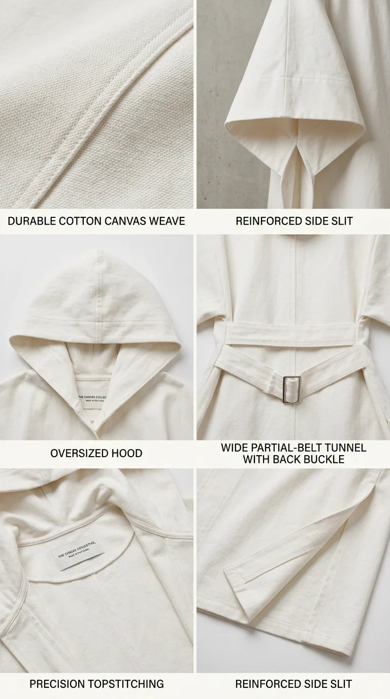 Close-up details of canvas weave fabric, oversized hood, back buckle, and side slits