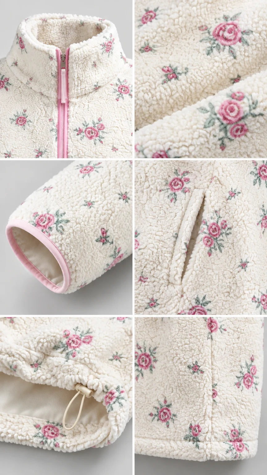 Detailed close-ups of stand collar zipper, floral fleece texture, piped cuff, pocket, and toggle hem