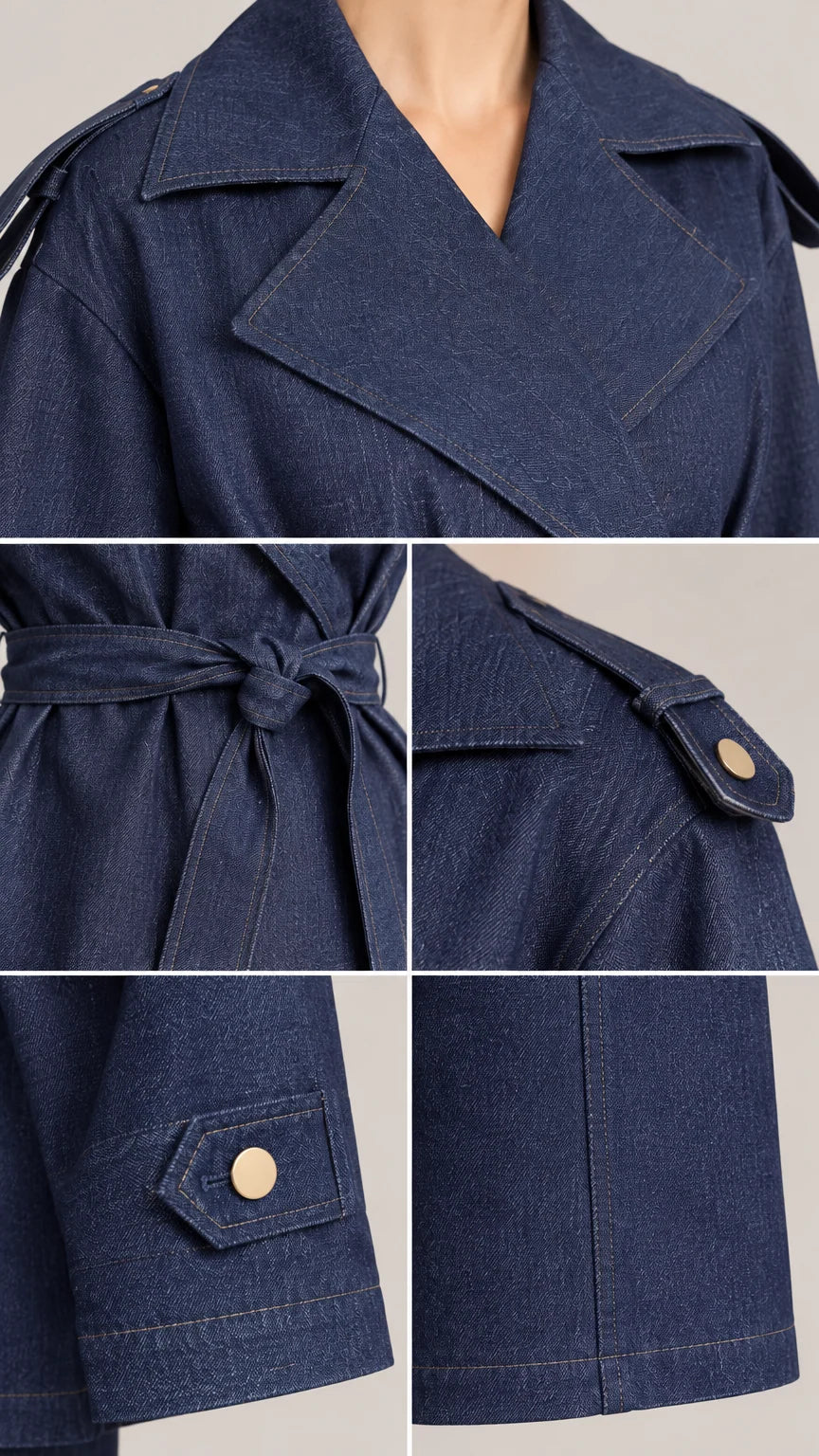 Close-up detail collage showing lapel collar, tie belt, buttoned cuff, and hem finish