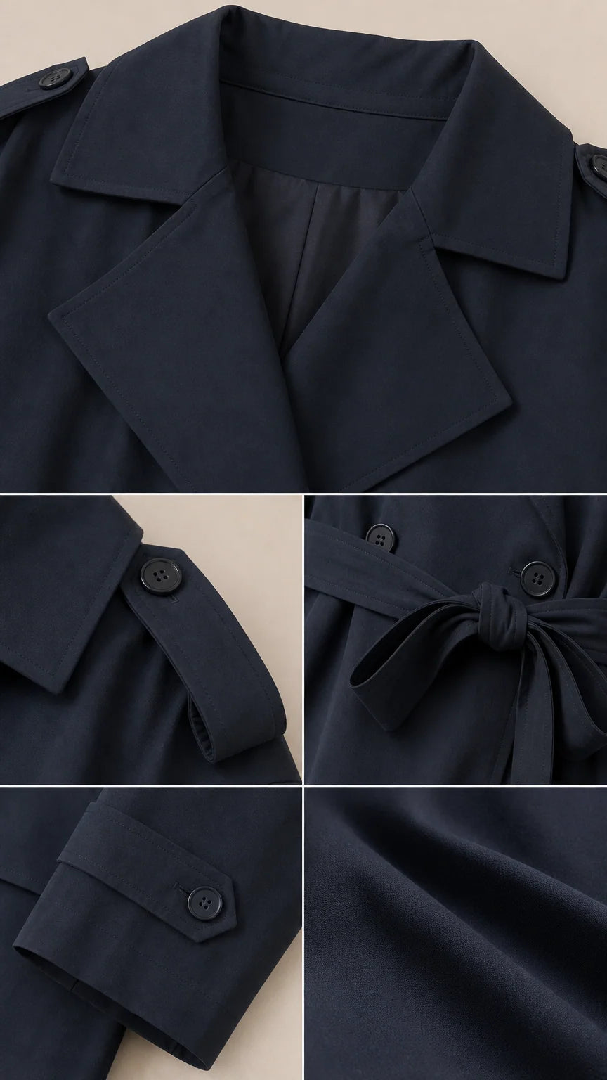 Close-up details of collar, buttons, belt, and fabric of the trench coat