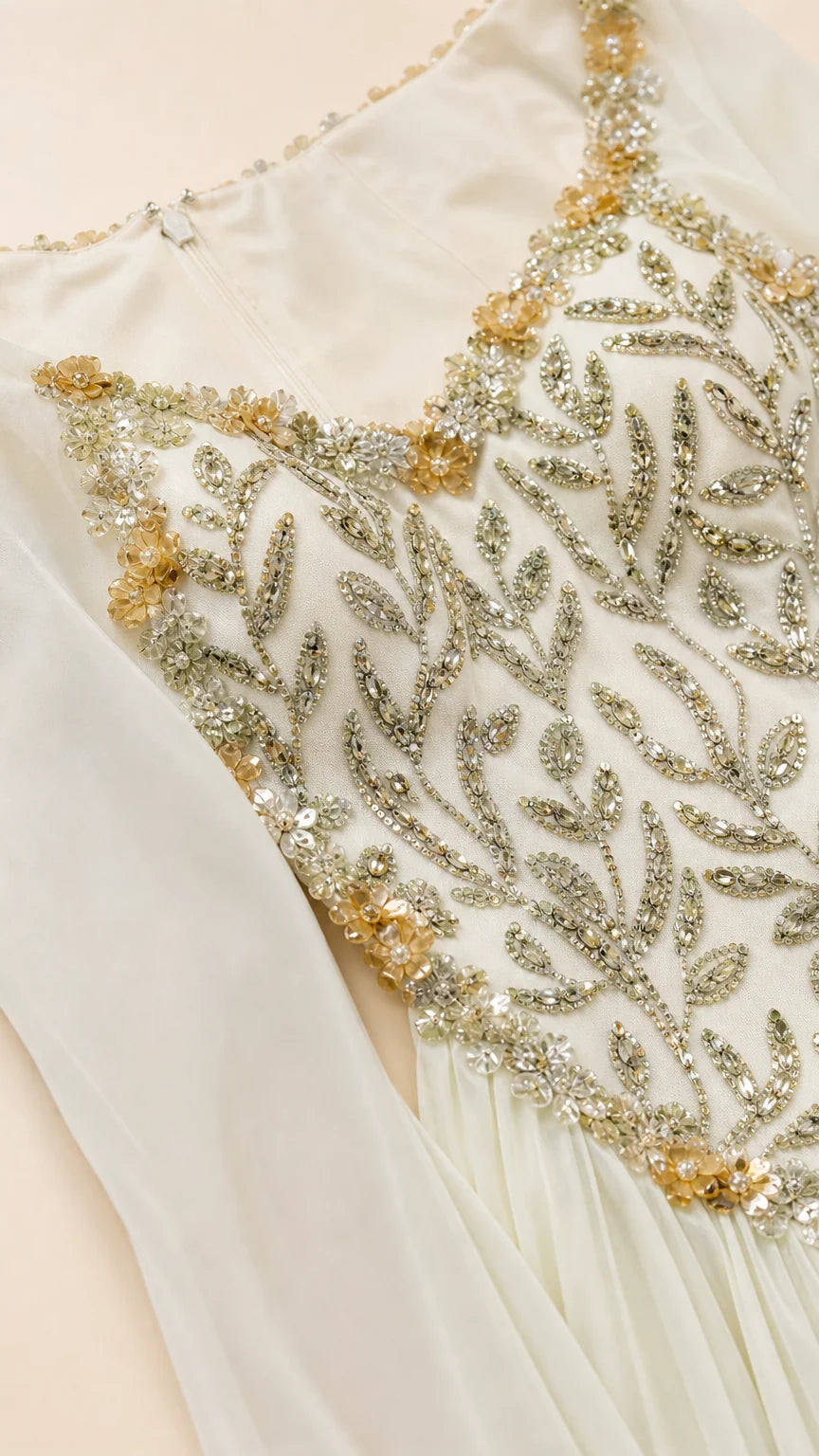Close-up detail of beaded and embroidered bodice on gown