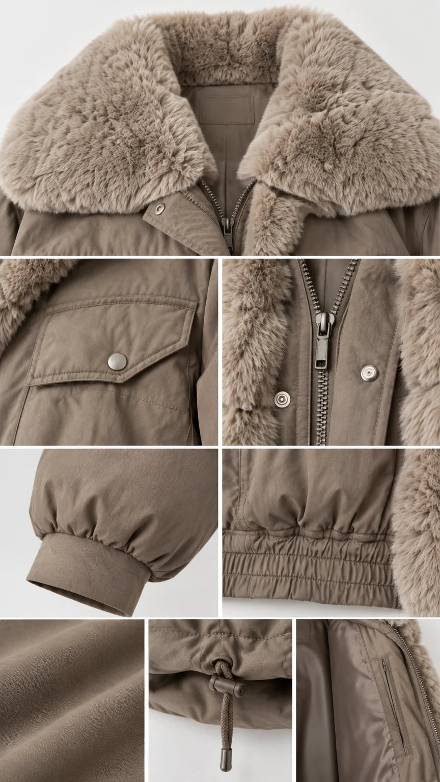 Close-up details of faux fur collar, zipper closure, snap flap pockets, and elastic cuffs