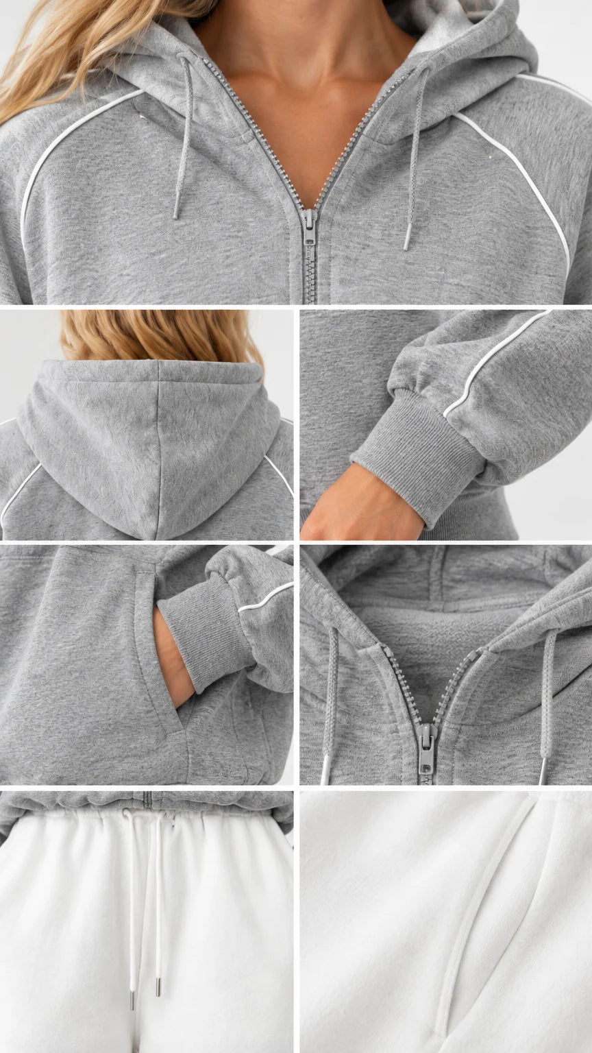 Close-up details of piping, metal zipper, ribbed cuff, pocket, and drawstring waistband