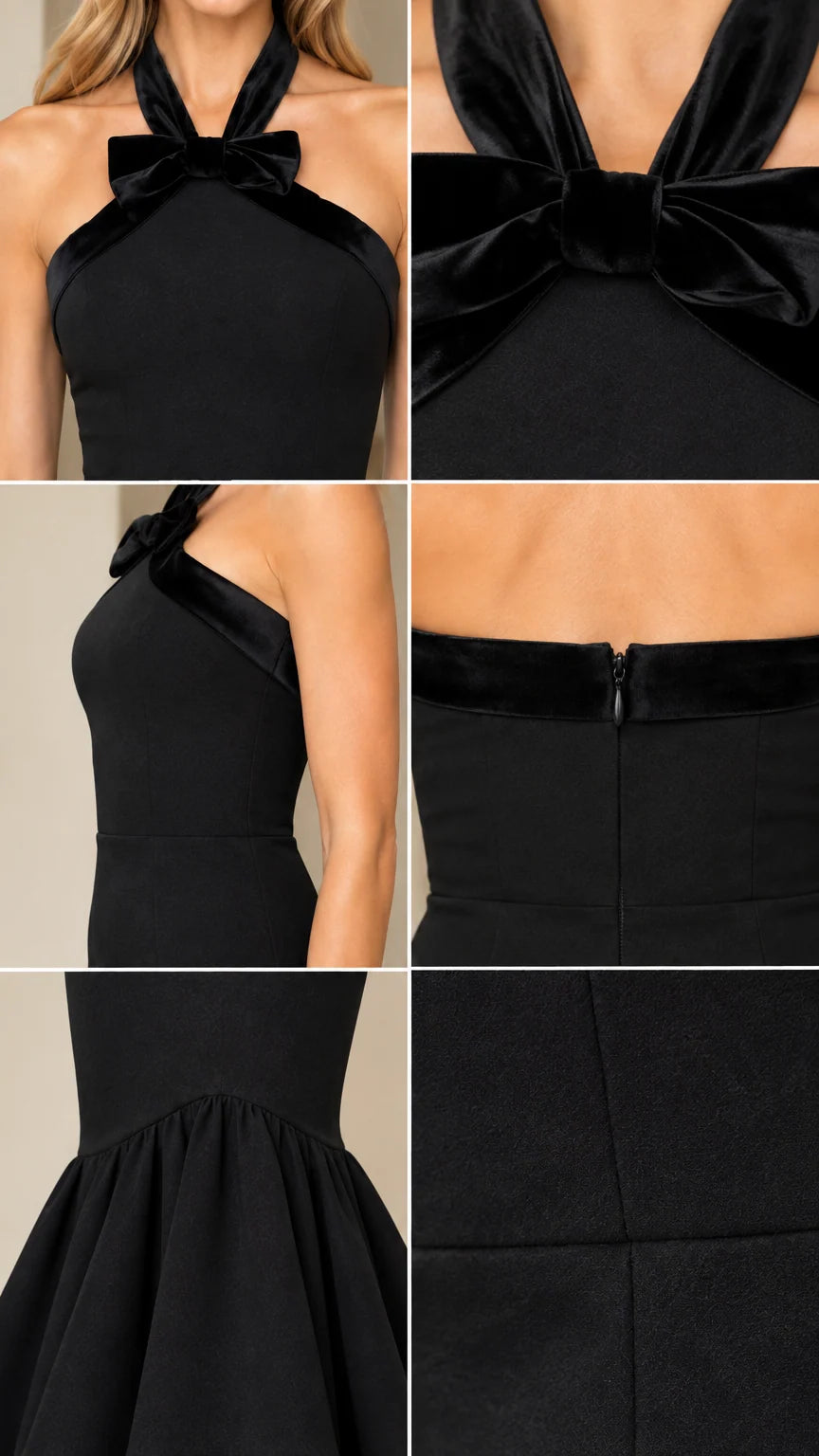 Close-up details of halter bow neckline, fabric texture, and mermaid seam