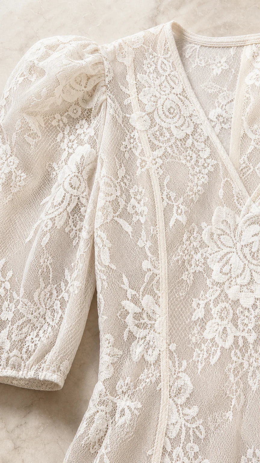 Close-up detail of lace pattern and puff sleeve