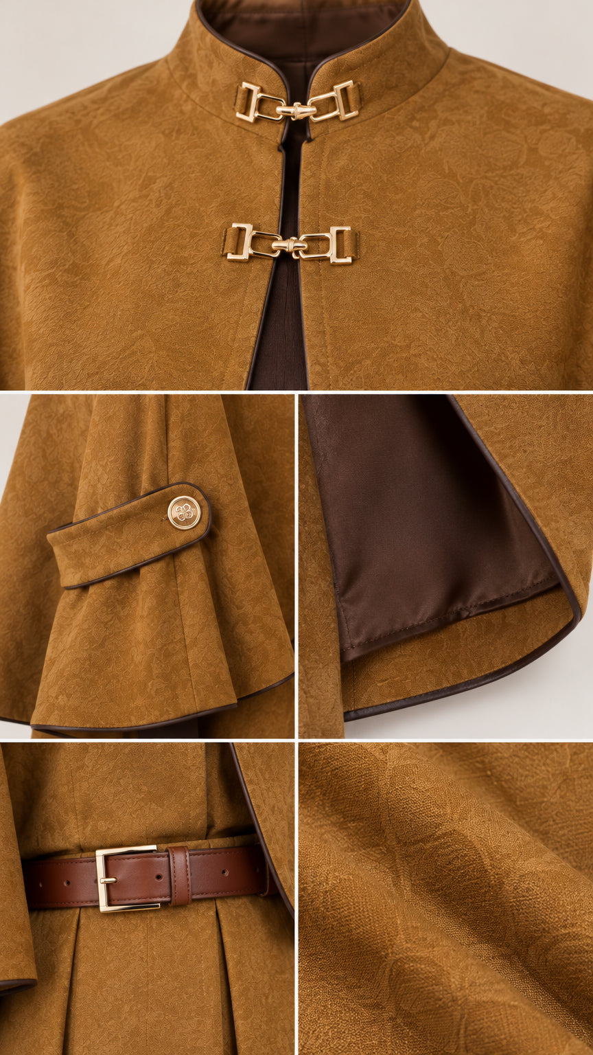 Close-up details of gold-tone metal clasps, cuff tabs, waist belt, and brushed fabric