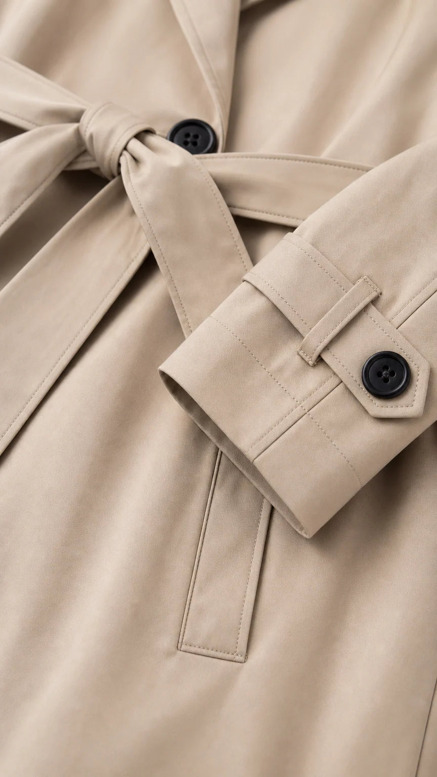 Close-up detail of beige trench jacket belt tie, cuff strap button, and welt pocket