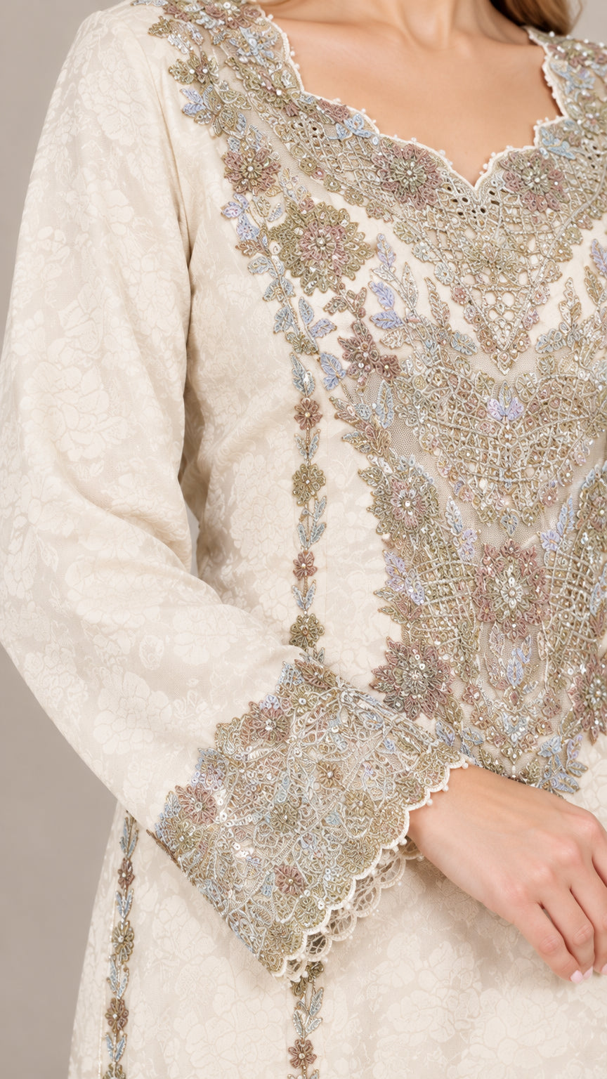 Close-up detail of ornate metallic embroidery and scalloped neckline and cuffs on ivory dress