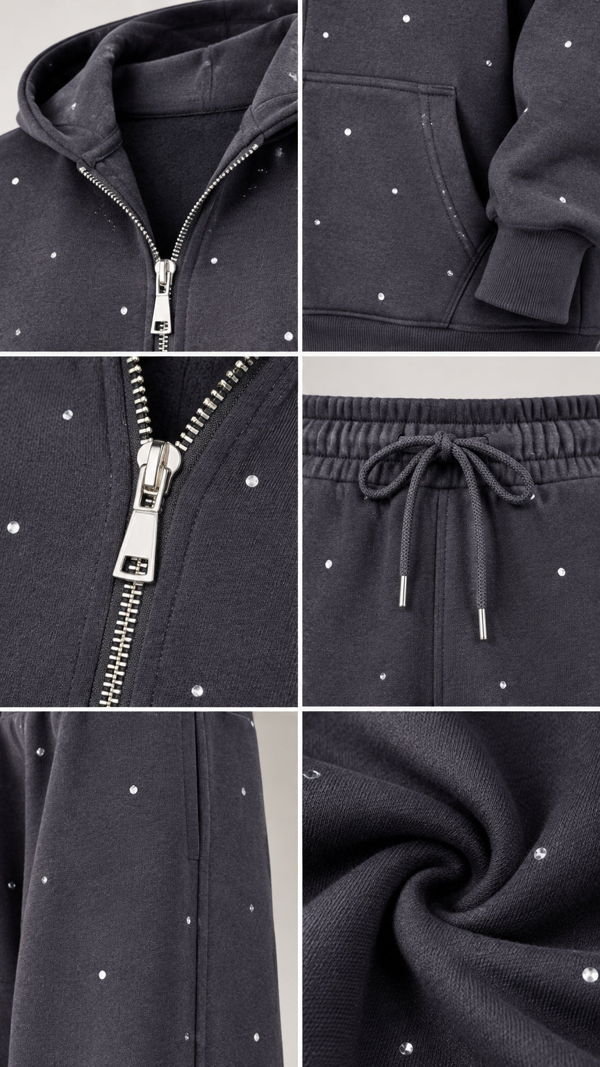 Close-up details of dark grey knit fabric, zipper pull, drawstring waistband, and rhinestone embellishments