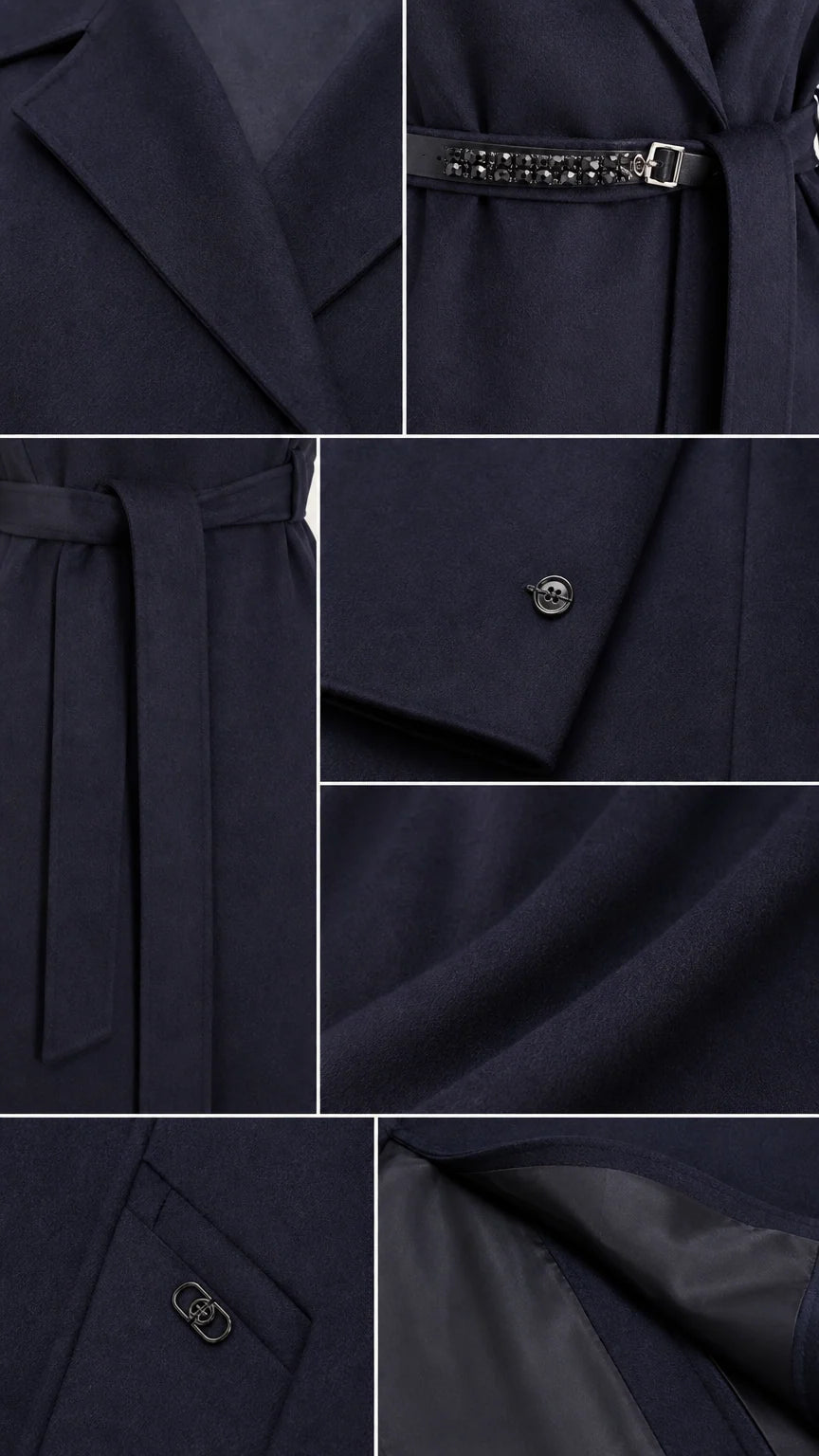 Close-up detail shots showing fabric texture, belt buckle, and cuff button