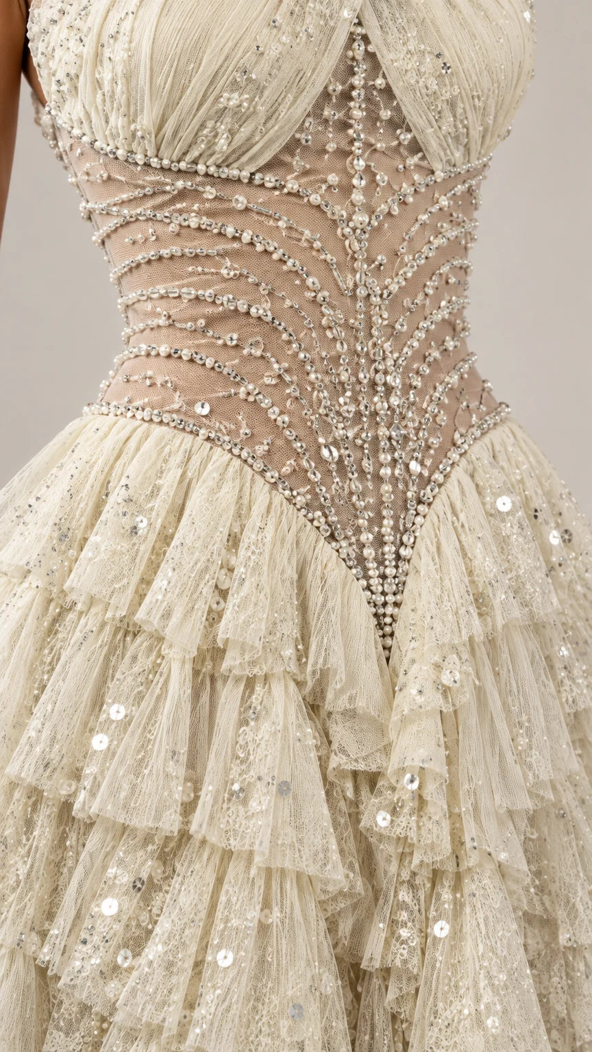 Close-up detail of crystal-beaded sheer corset bodice and sequin ruffles