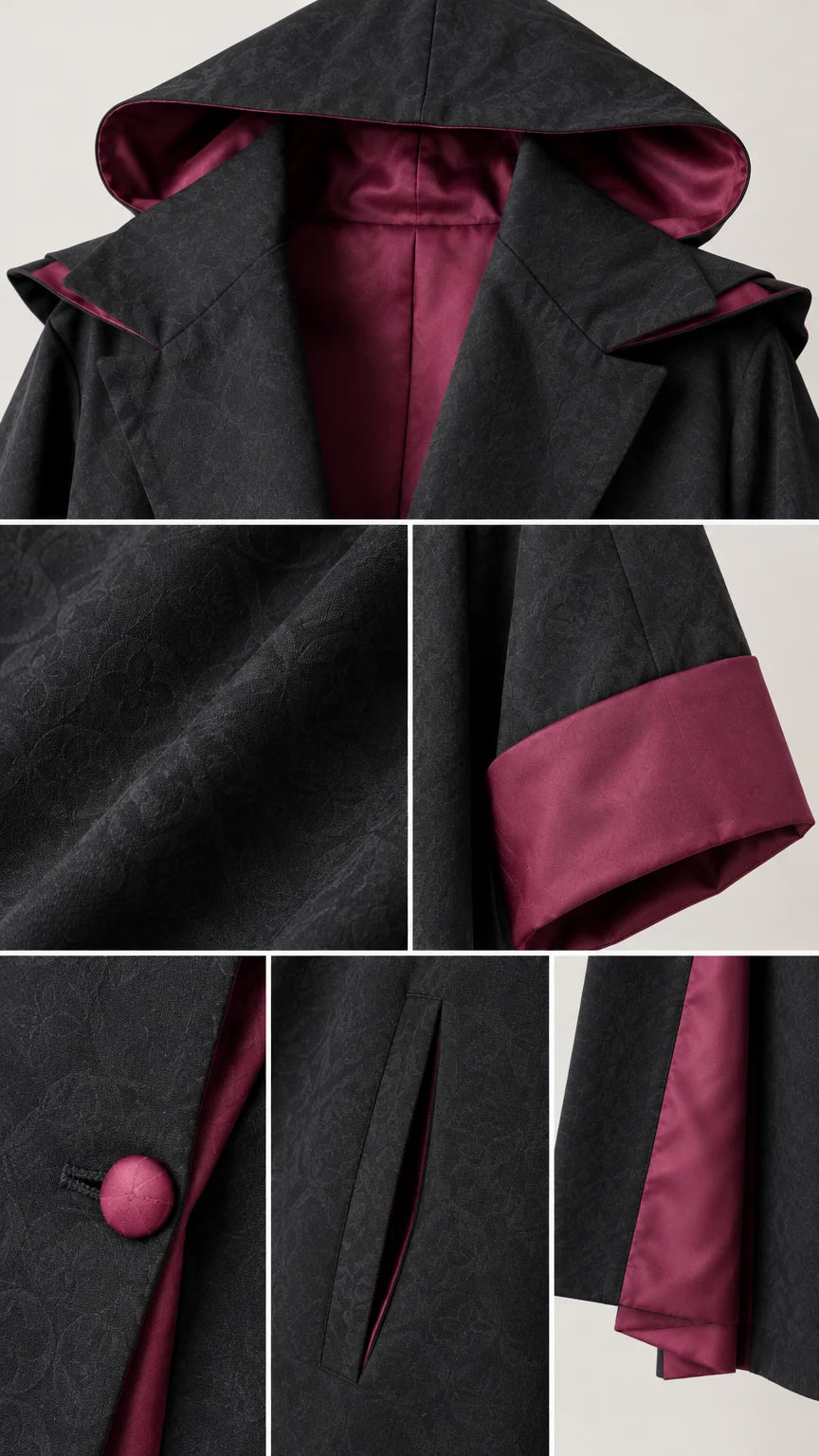 Close-up details of hood lining, jacquard fabric texture, button, and side pocket