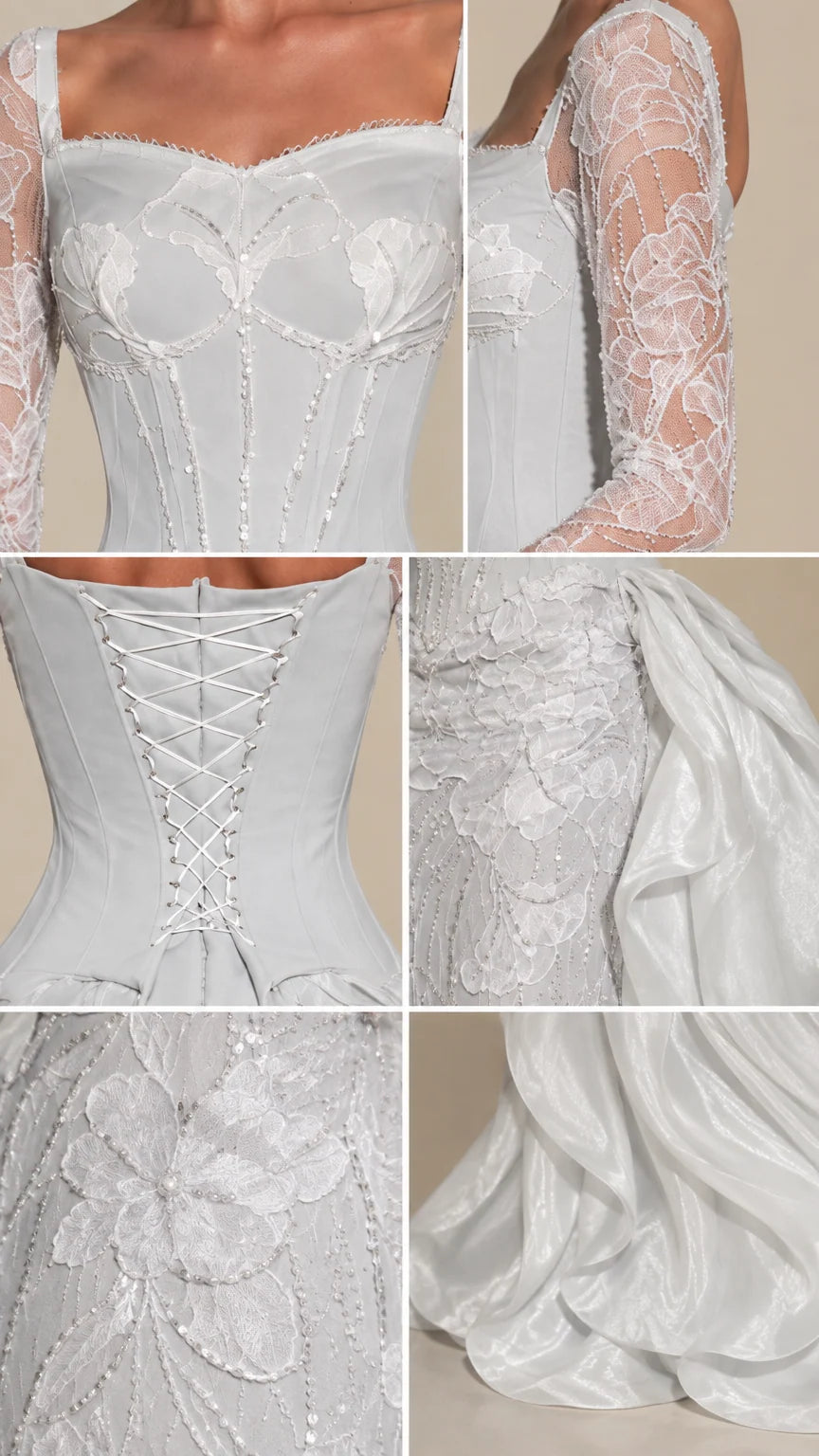 Close-up details of corset boning, floral lace embroidery, and delicate lace sleeves