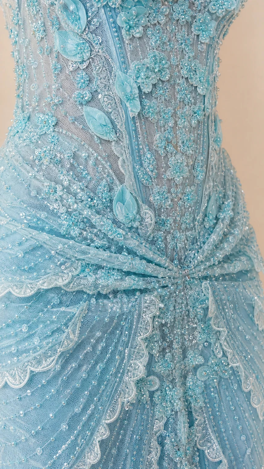 Close-up of 3D floral appliqués and beading texture
