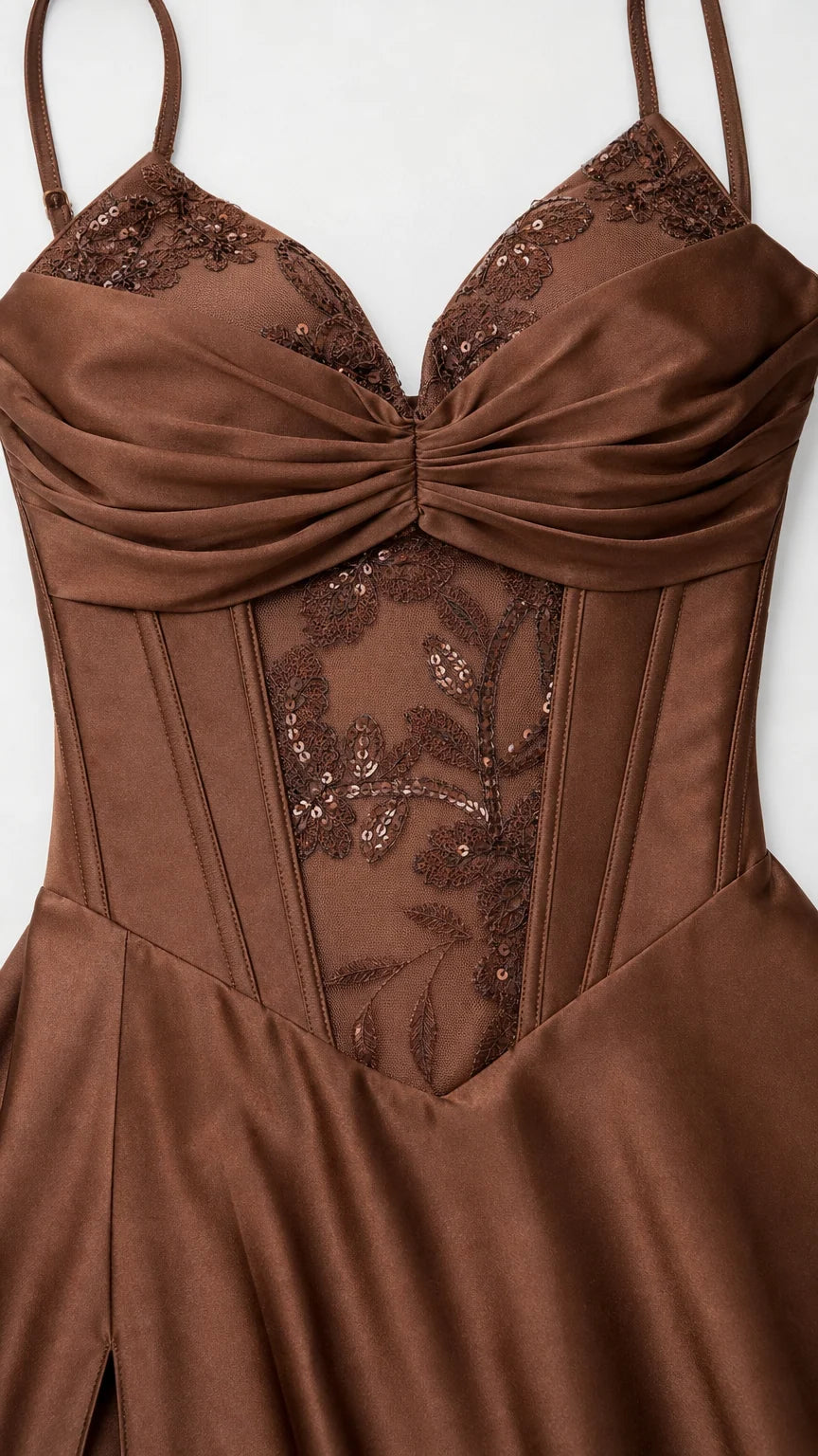 Close-up detail of chocolate brown corset bodice showing boning and sequin embroidery