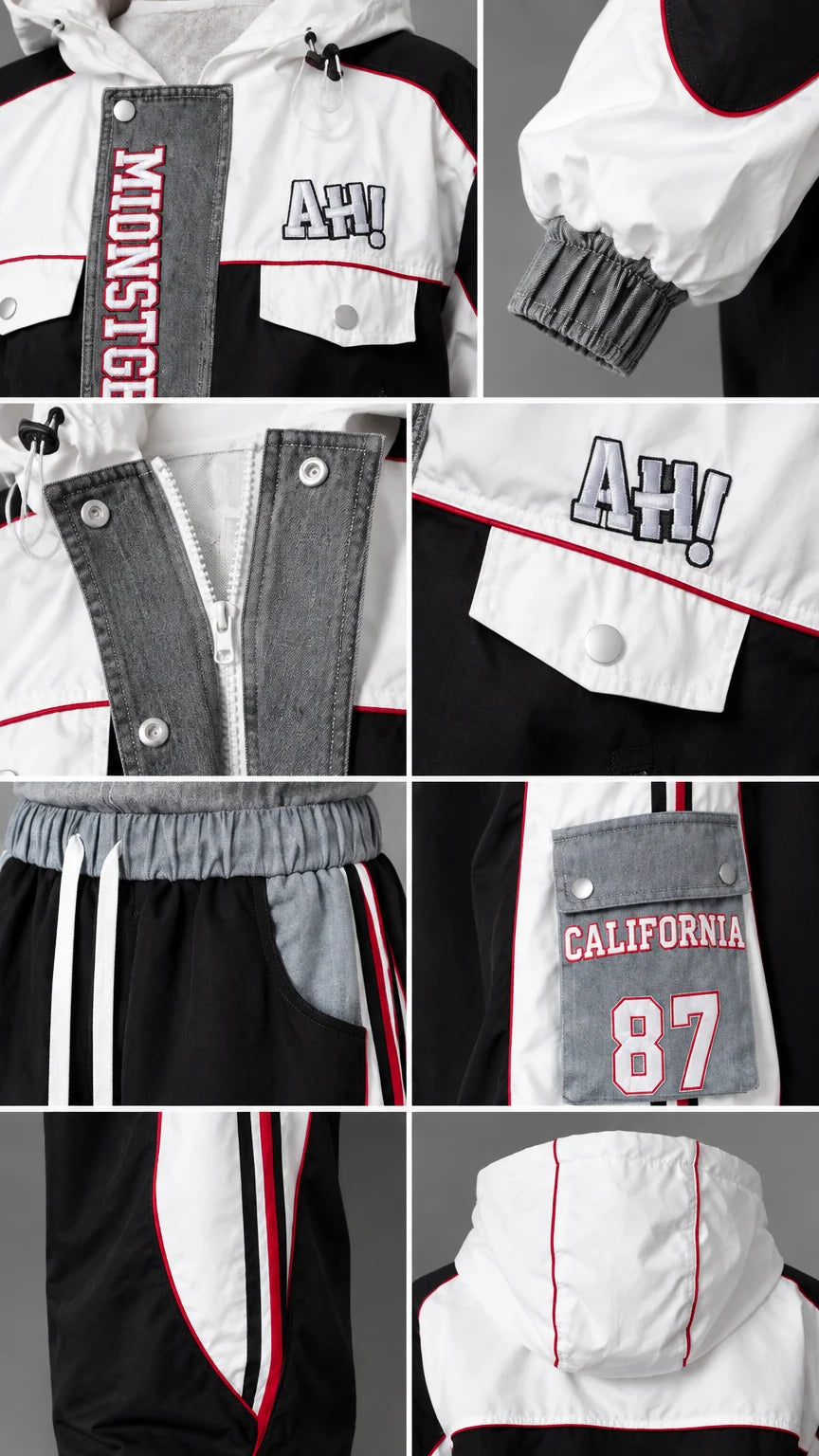 Close-up details of jacket zipper, cargo pocket graphic, hood, and elastic cuffs