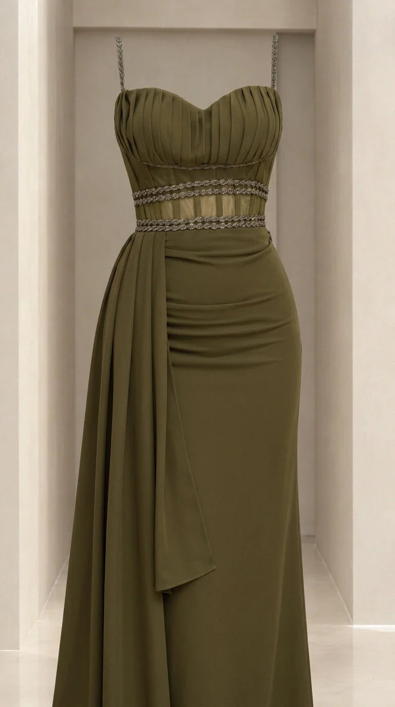 Detailed close-up of olive green pleated bodice and embellished illusion waist