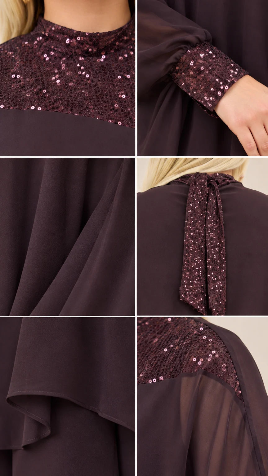 Close-up details of sequin mock neck, sequin cuffs, flowing chiffon fabric, and neck tie in Plum