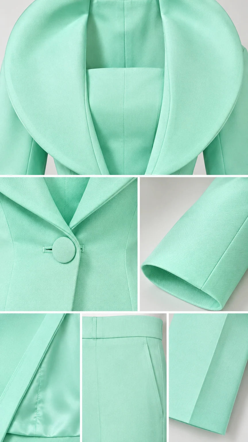 Detailed close-up collage of collar, button, sleeve cuff, and trouser hem in Mint Green