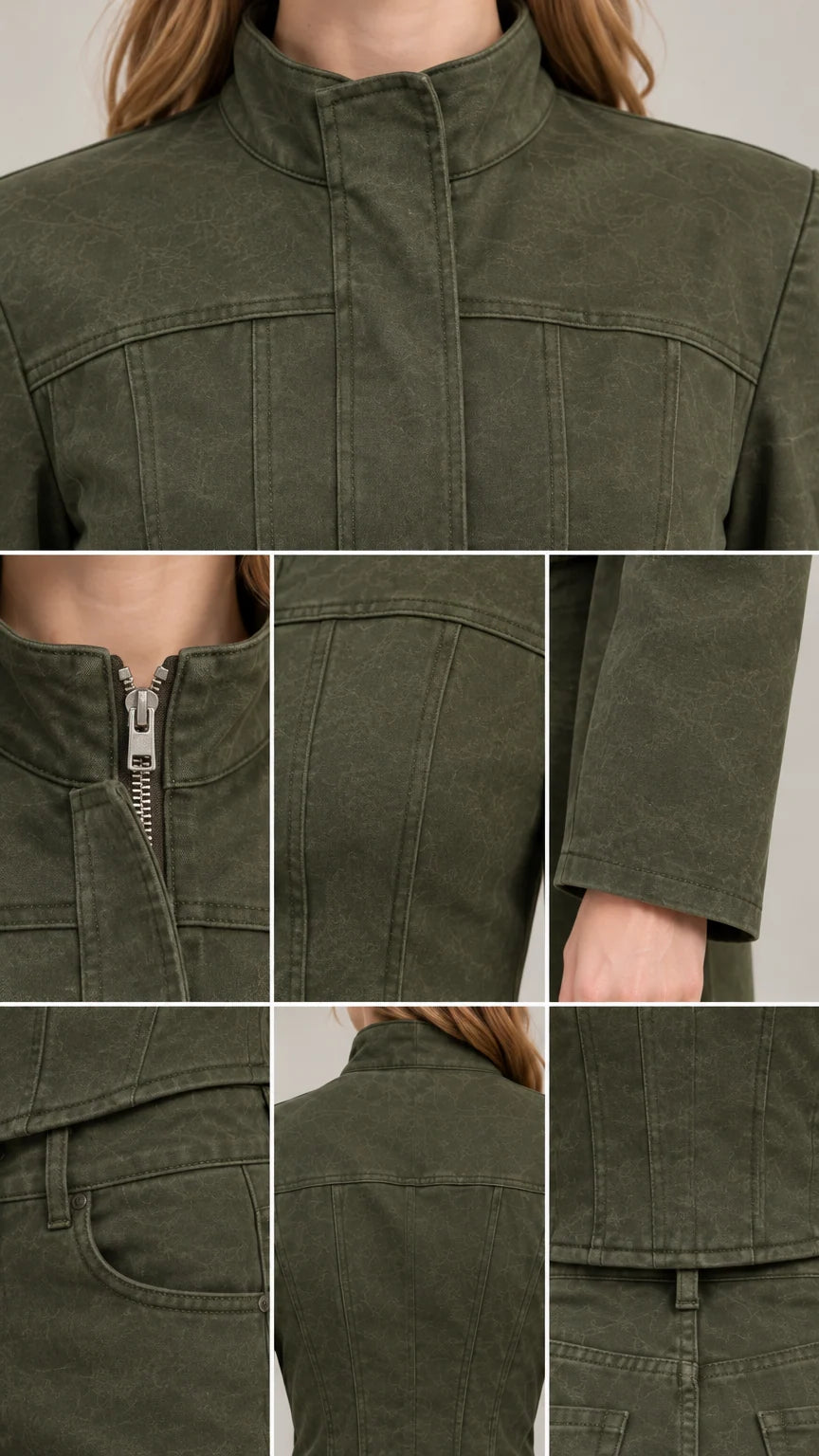 Close-up details of collar, concealed zipper, seams, and pockets on olive green set