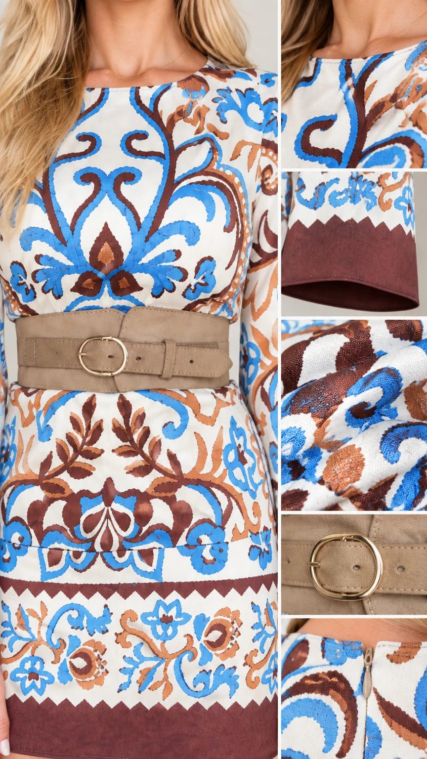 Close-up details of fabric pattern, neckline, sleeve cuff, and belt buckle