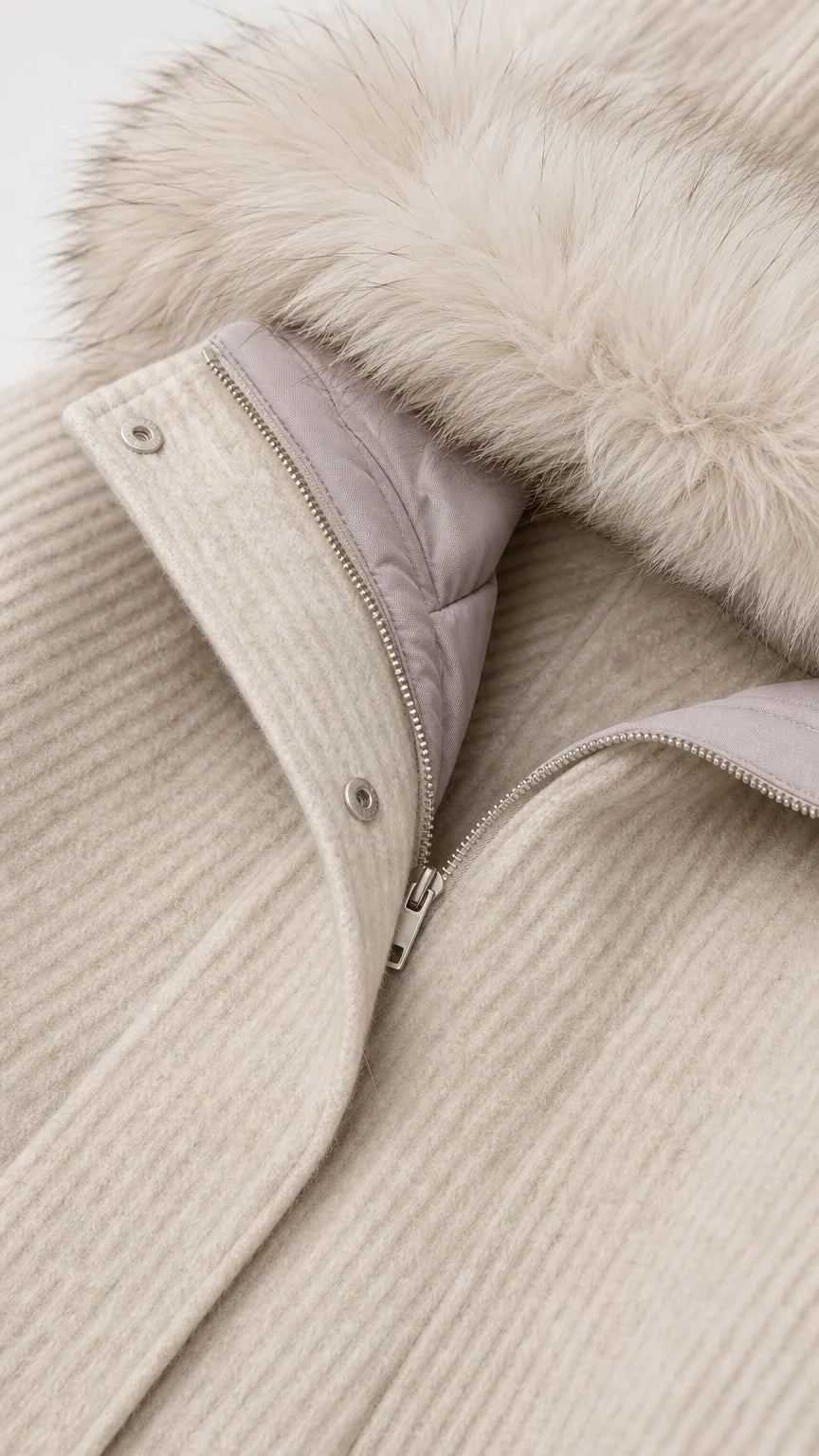 Close-up detail of cream ribbed fabric, metal zipper, snap placket, and fluffy faux fur trim