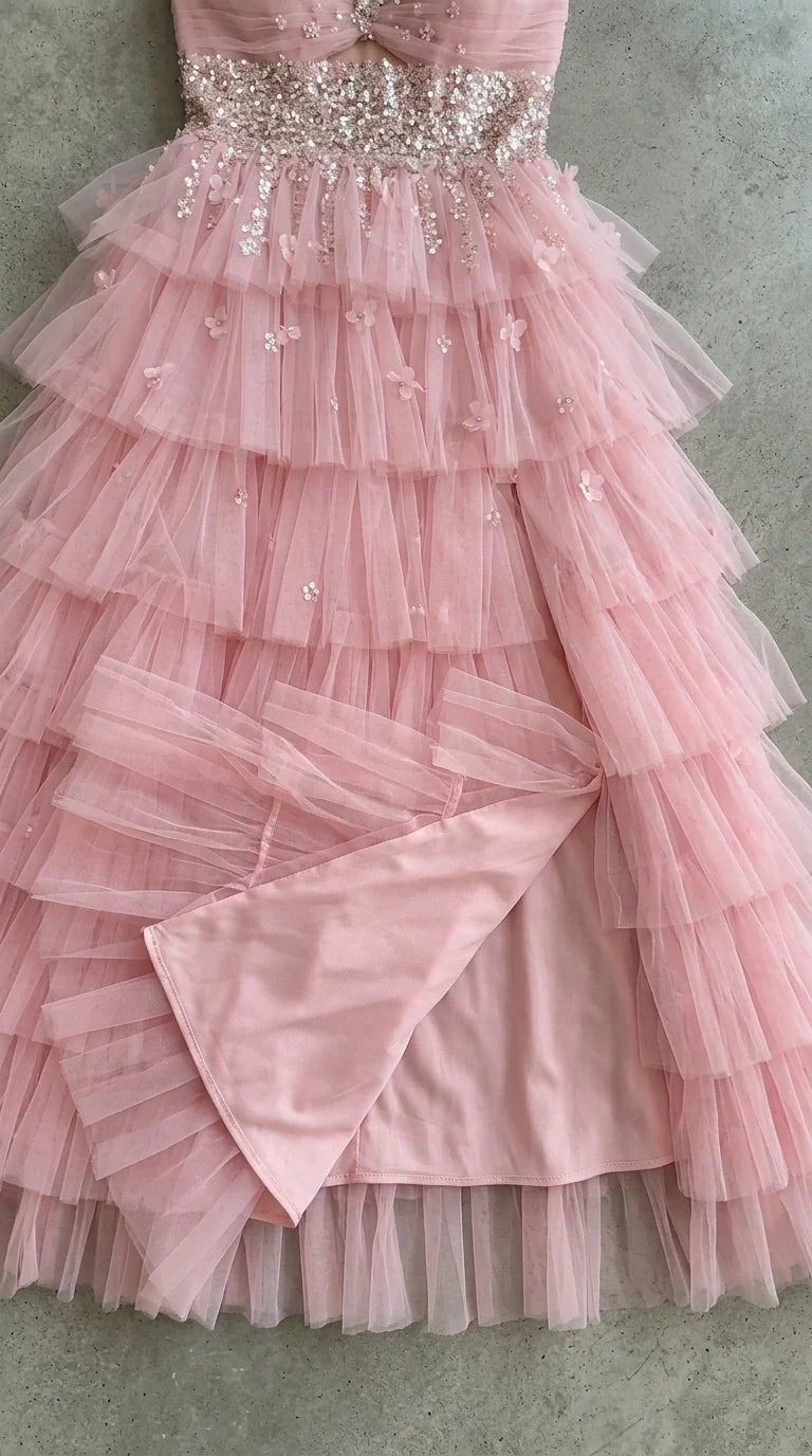 Close-up detail of pink tiered tulle skirt, lining, and sequin-embellished waistband