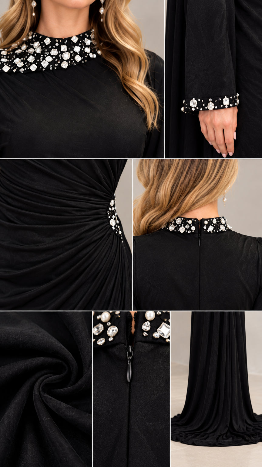 Close-up details of sparkling crystal neckline trim, ruched waist, and sleeve cuffs