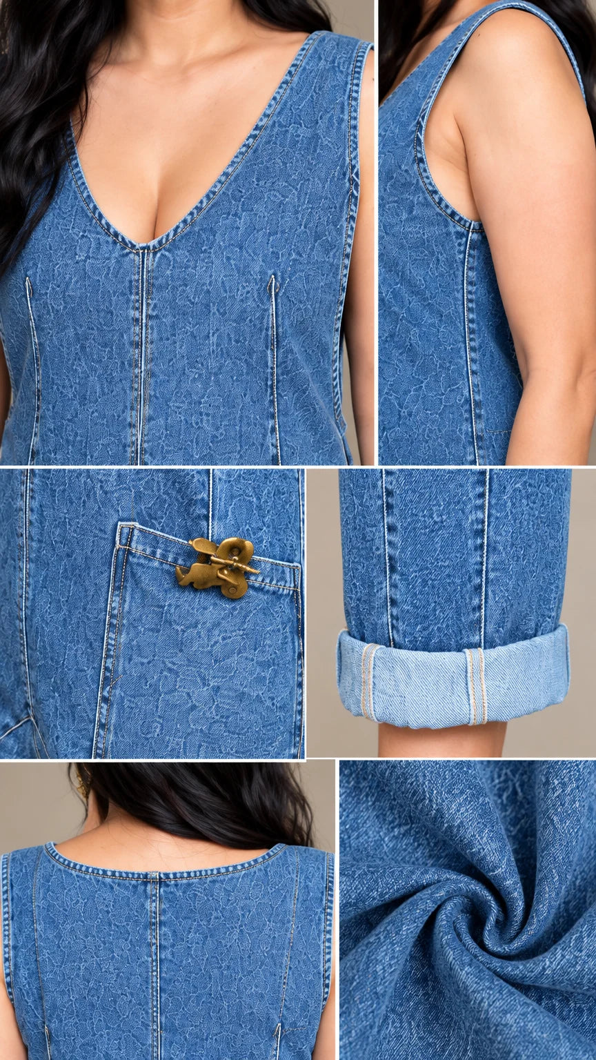 Close-up details of V-neckline, fabric texture, pocket hardware, and folded cuff