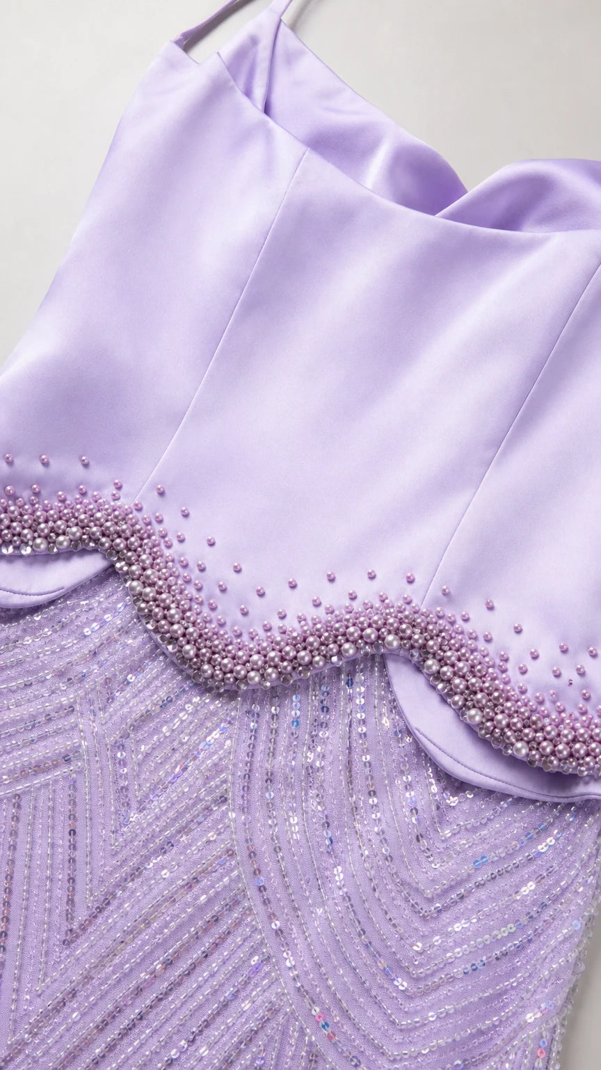 Close-up detail of beaded peplum and satin bodice in Lavender