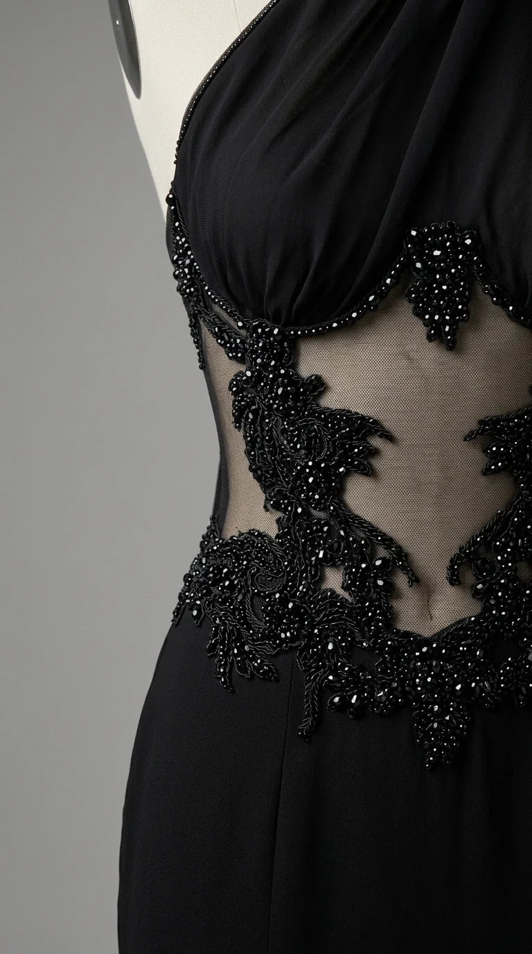 Close-up detail of sheer mesh bodice with intricate black beadwork and embroidery