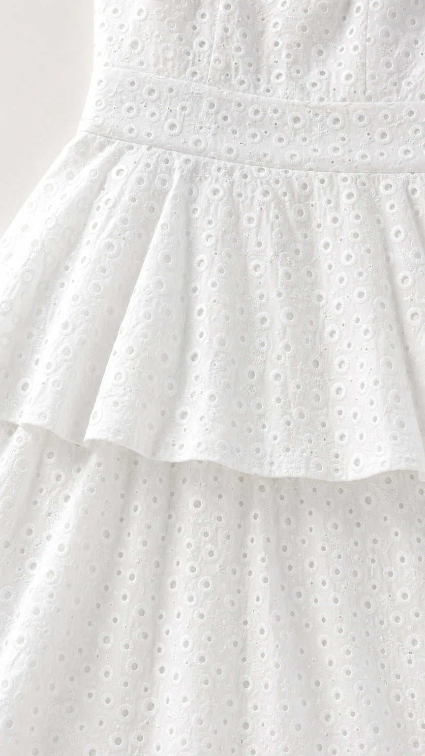 Close-up of fabric texture on white eyelet maxi dress