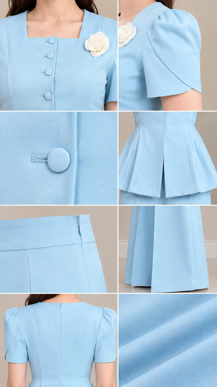 Close-up details of square neckline, covered buttons, pleats, and fabric texture in Sky Blue