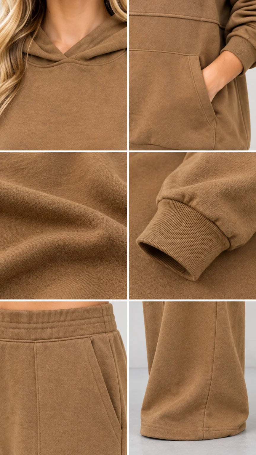 Detailed close-up collage of hood, kangaroo pocket, soft fleece knit texture, ribbed cuff, and pant seam