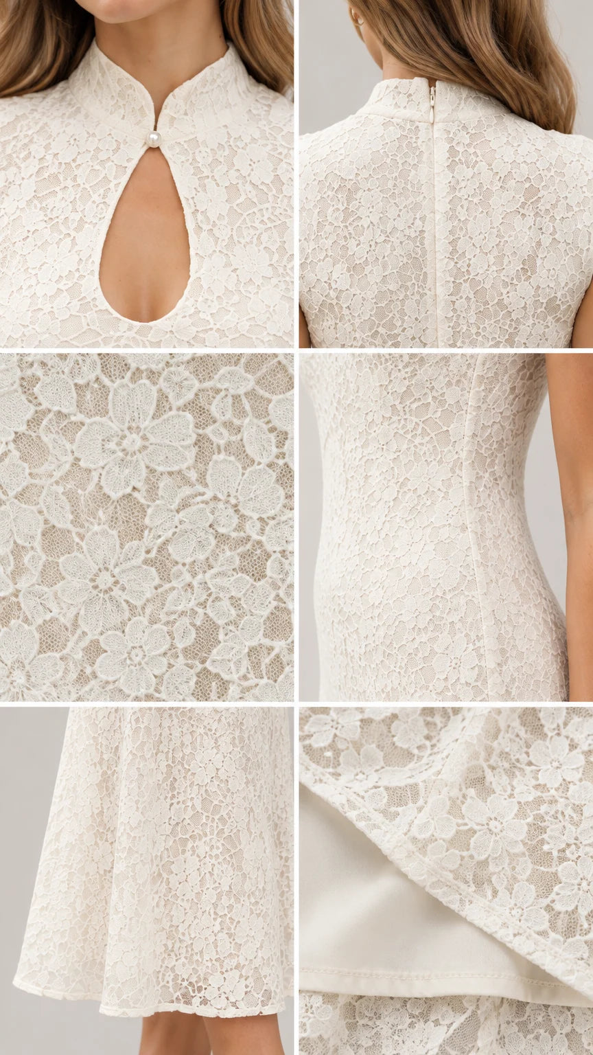 Detailed close-ups of lace texture, keyhole collar, and lined hemline