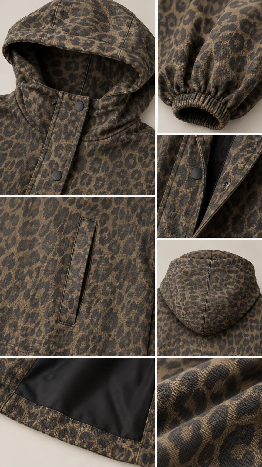 Close-up details of leopard print hooded jacket showing hood, snap placket, elastic cuffs, and inner lining