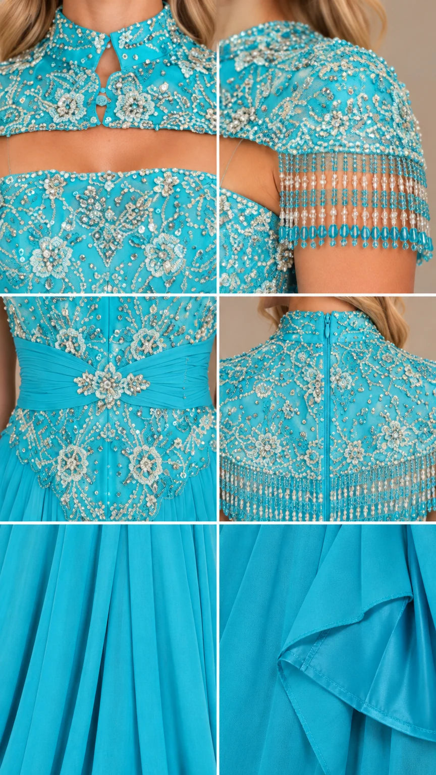 Close-up details of turquoise beaded collar, tassel fringe, and waist embellishments